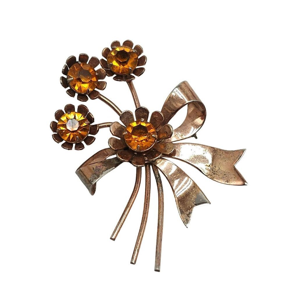 Sterling Silver Glass Orange Rhinestone Bow Large Floral Brooch Pin Vintage